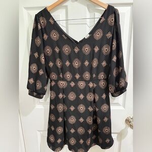 Pink Owl Black and Tan Patterned Dress Made in Korea Fall October Coffee shop
